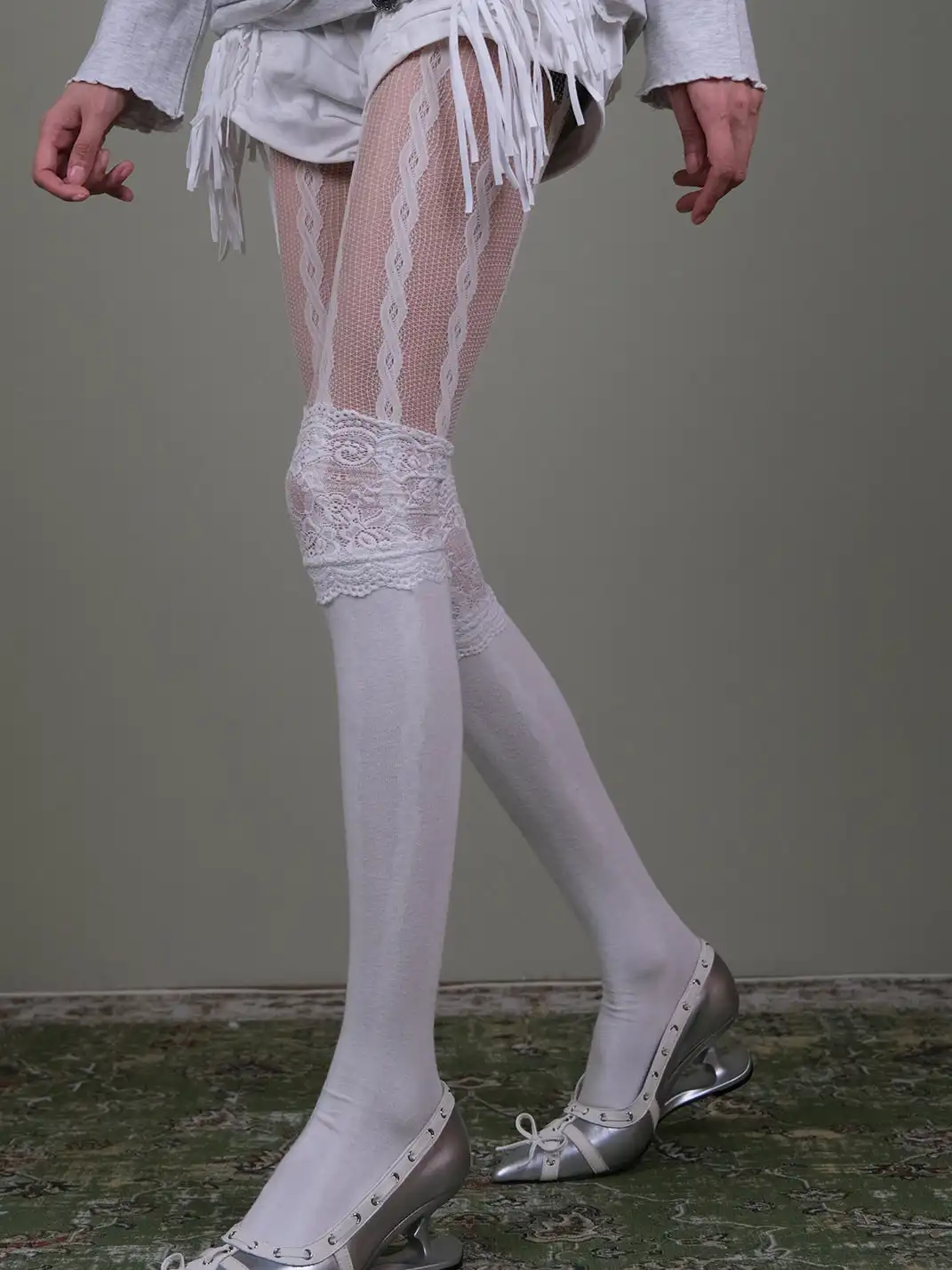 XILING | Fishnet Stockings + Lace-Trimmed Over-the-Knee Socks Combo Set