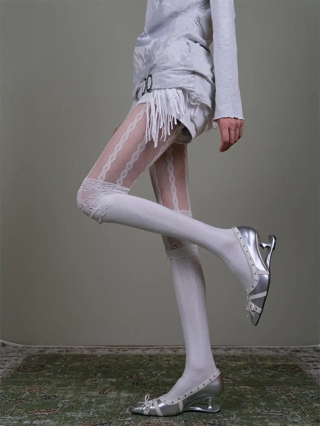 XILING | Fishnet Stockings + Lace-Trimmed Over-the-Knee Socks Combo Set