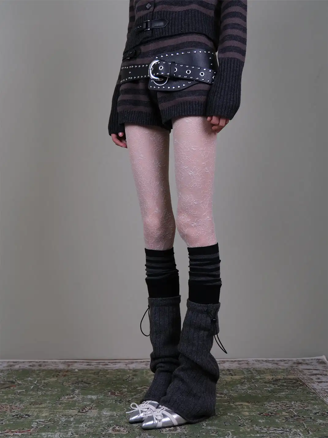 XILING | White Pantyhose + Drawstring Leg Warmers + Striped Stockings Set