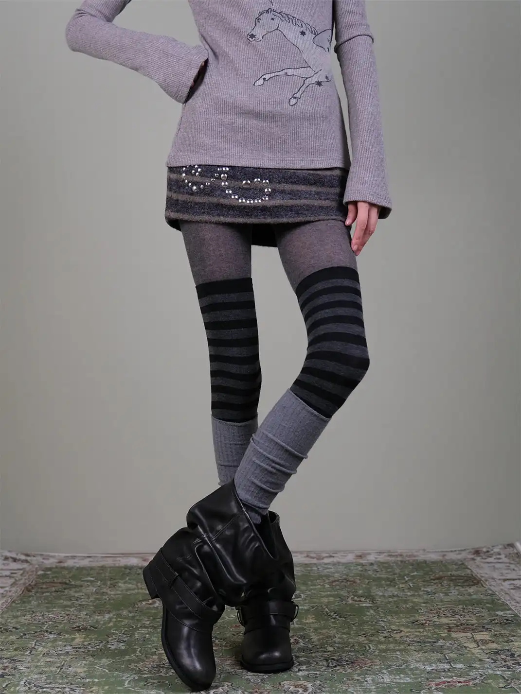 XILING | Striped Over-the-Knee Socks + Slouch Socks 3-Piece Set