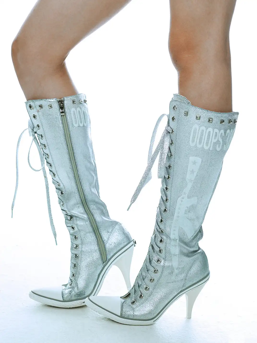 Ooops333 | Studded Print Canvas Lace-up High Heel Boots