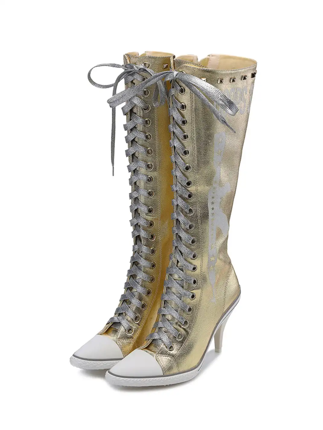 Ooops333 | Studded Print Canvas Lace-up High Heel Boots