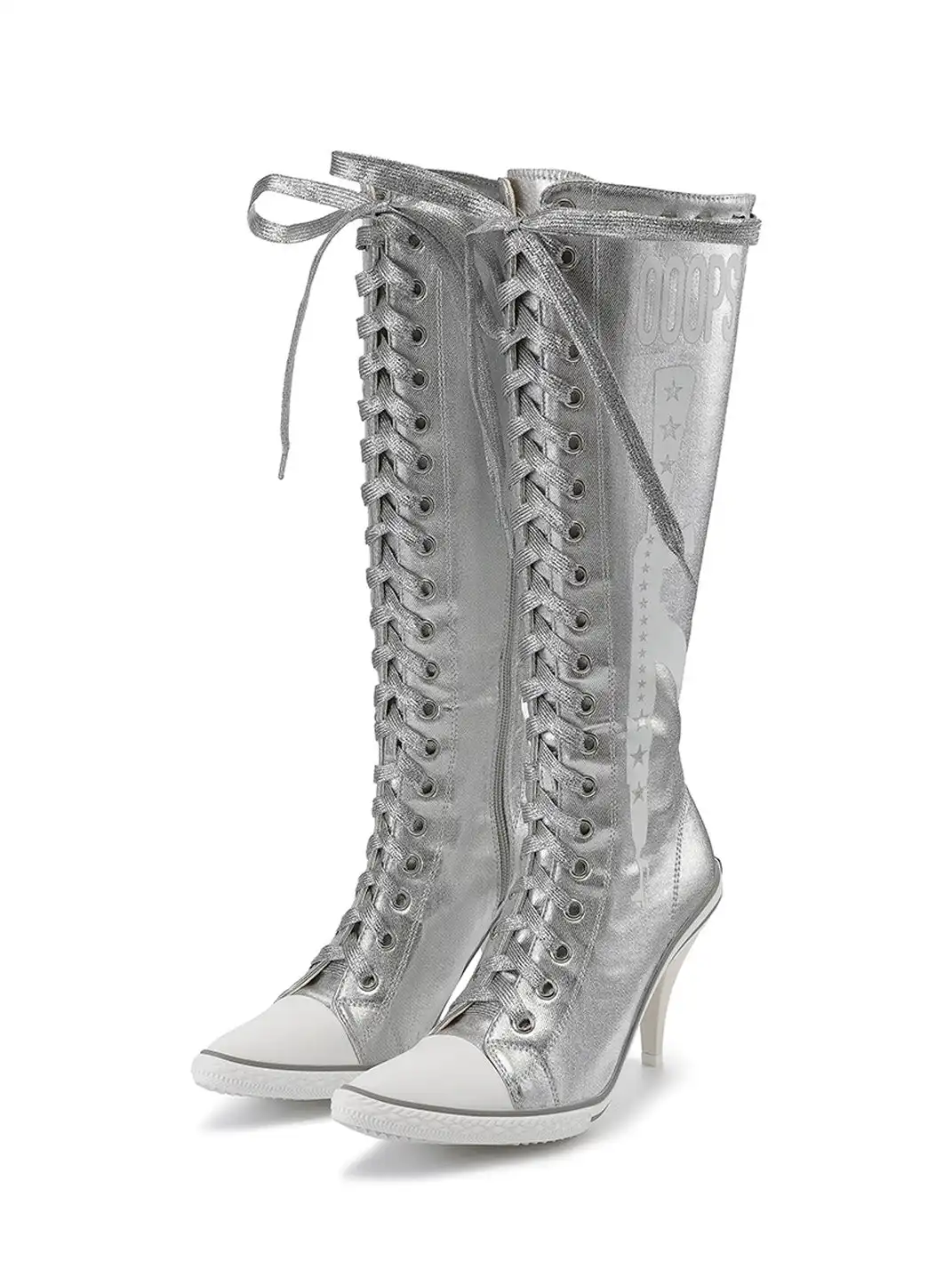Ooops333 | Studded Print Canvas Lace-up High Heel Boots