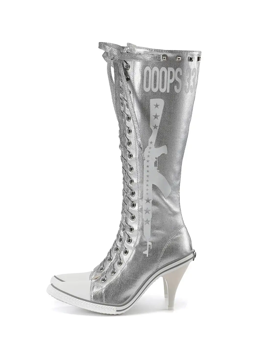 Ooops333 | Studded Print Canvas Lace-up High Heel Boots
