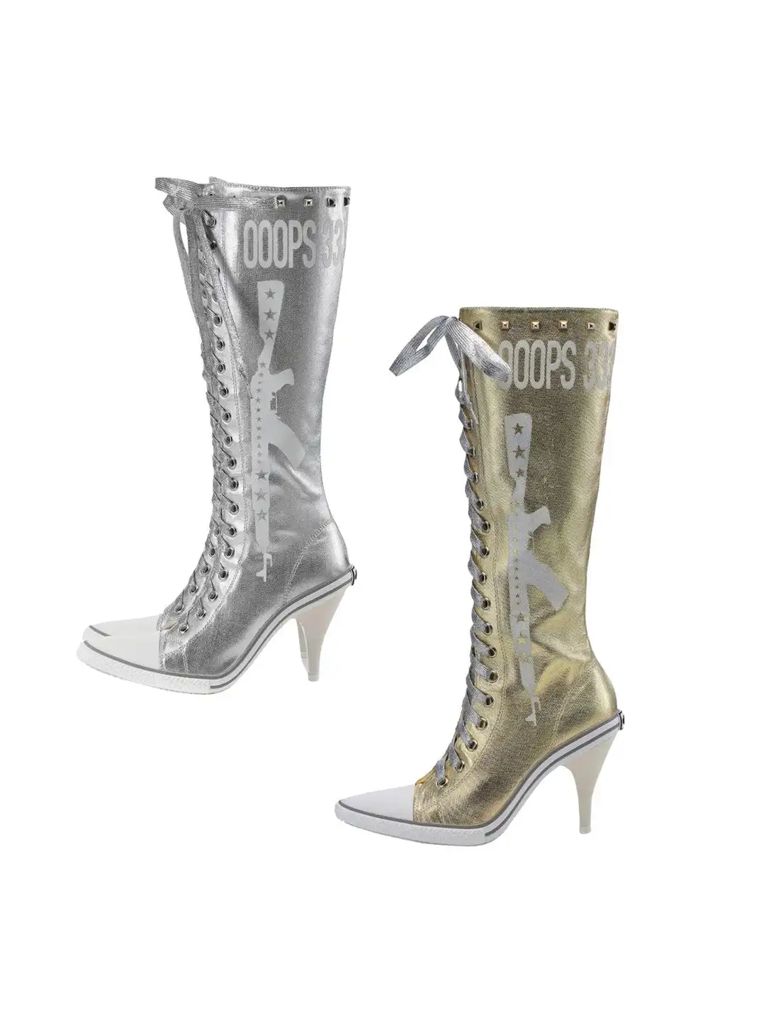 Ooops333 | Studded Print Canvas Lace-up High Heel Boots