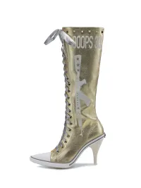 Ooops333 | Studded Print Canvas Lace-up High Heel Boots