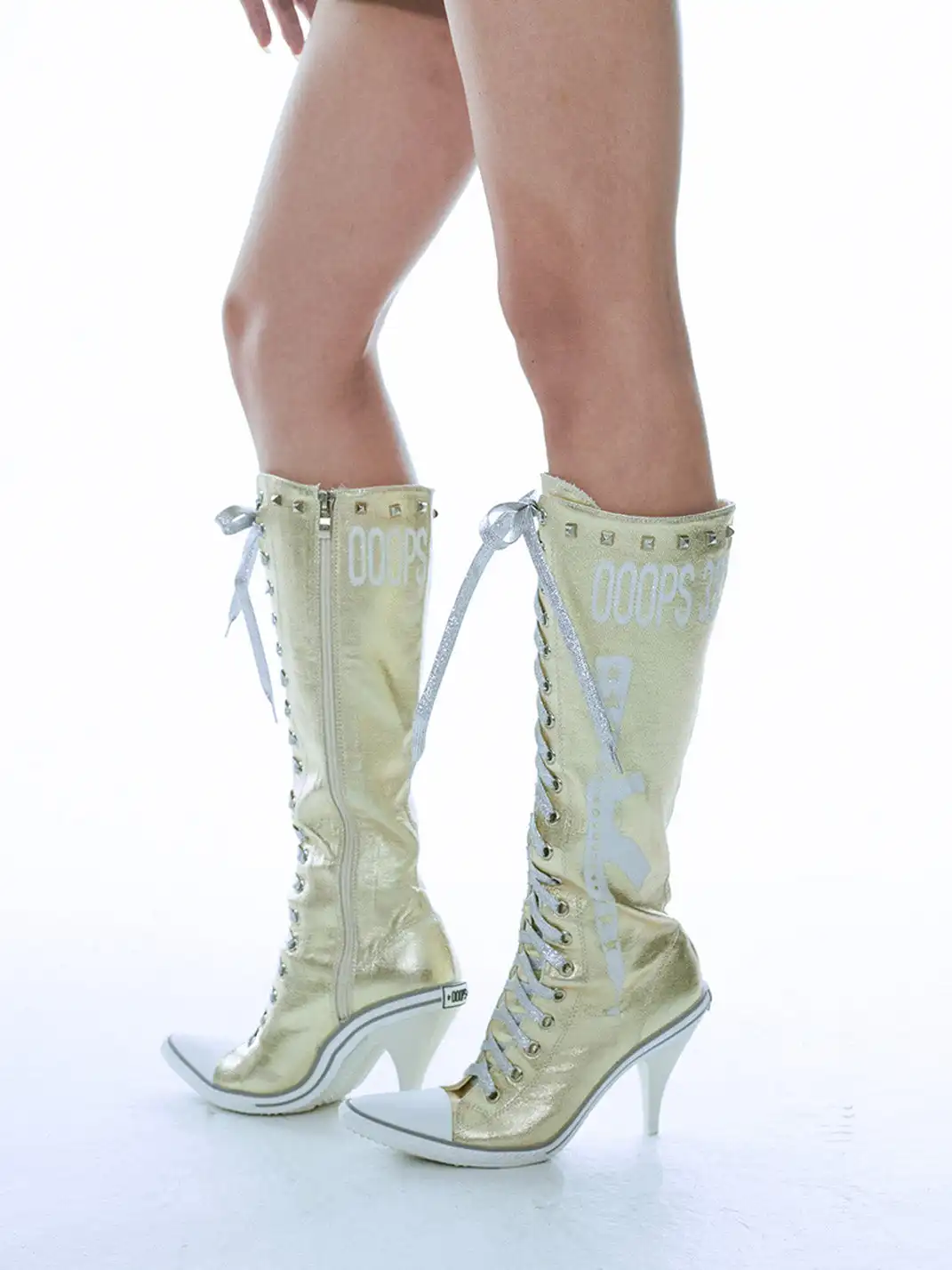 Ooops333 | Studded Print Canvas Lace-up High Heel Boots