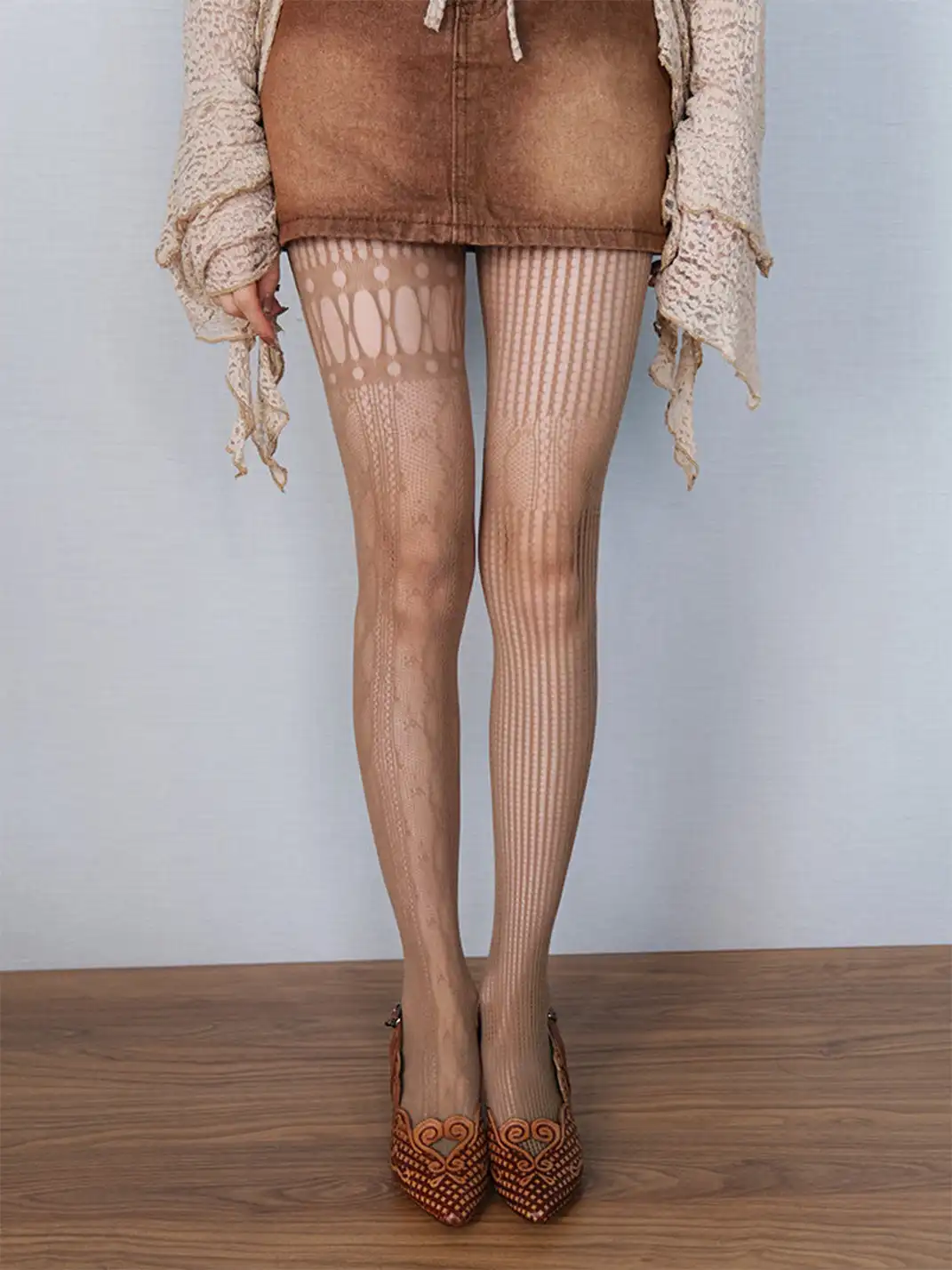 Bokior | Asymmetric Retro Jacquard Sheer Tights