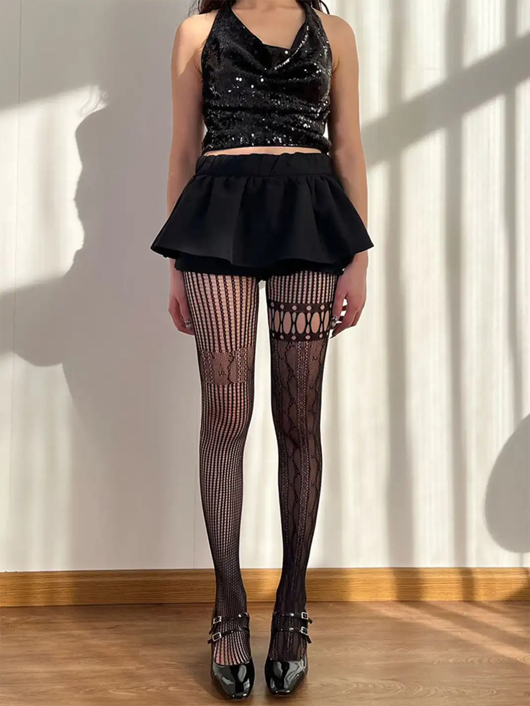 Bokior | Asymmetric Retro Jacquard Sheer Tights