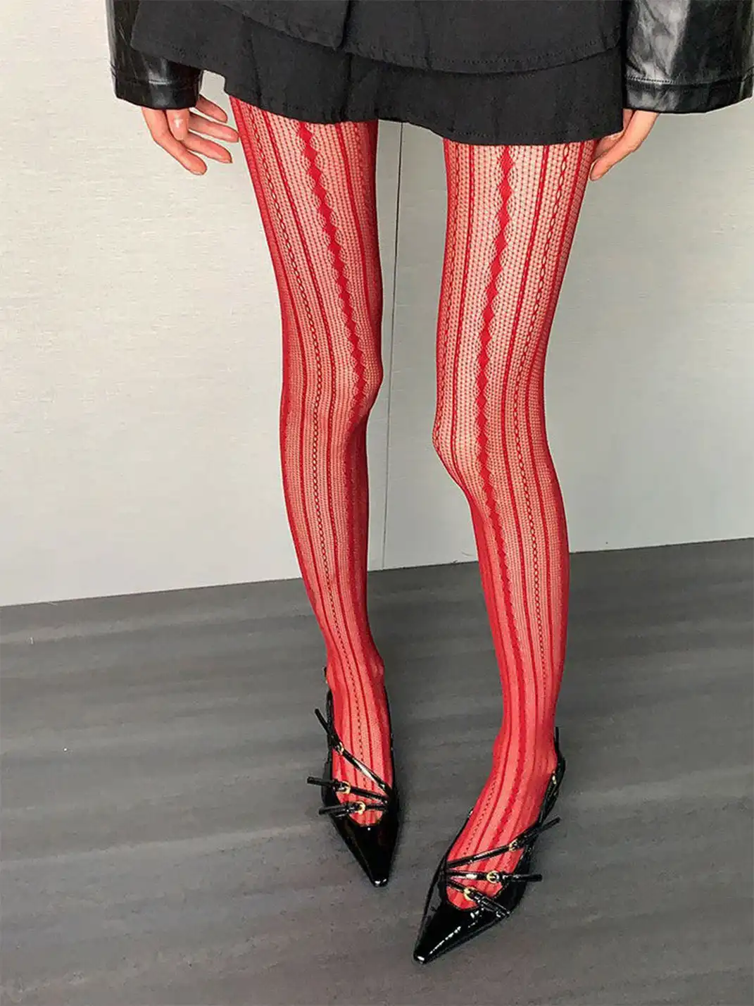 Bokior | Vintage Red Vertical Striped Mesh Pantyhose