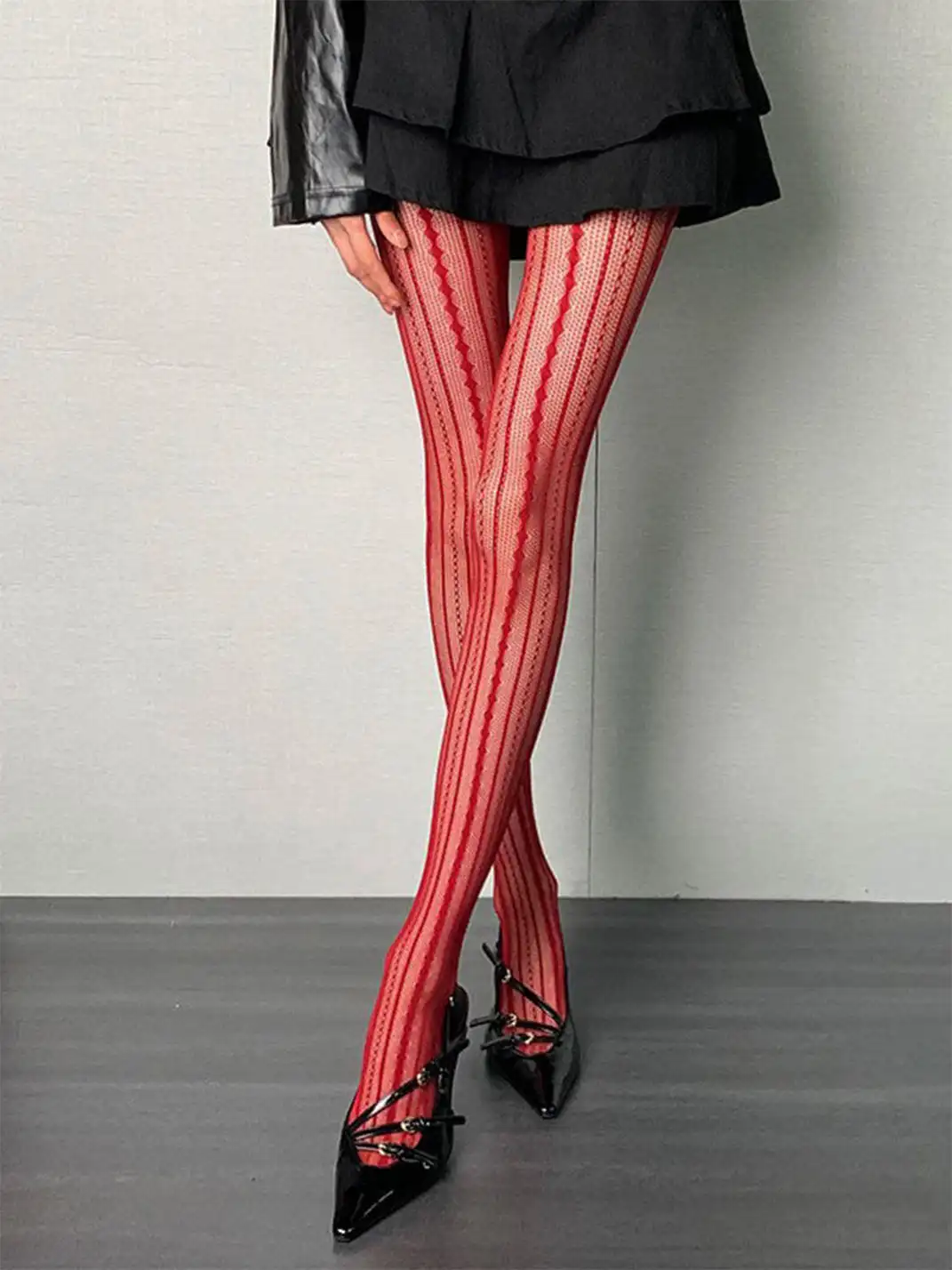 Bokior | Vintage Red Vertical Striped Mesh Pantyhose
