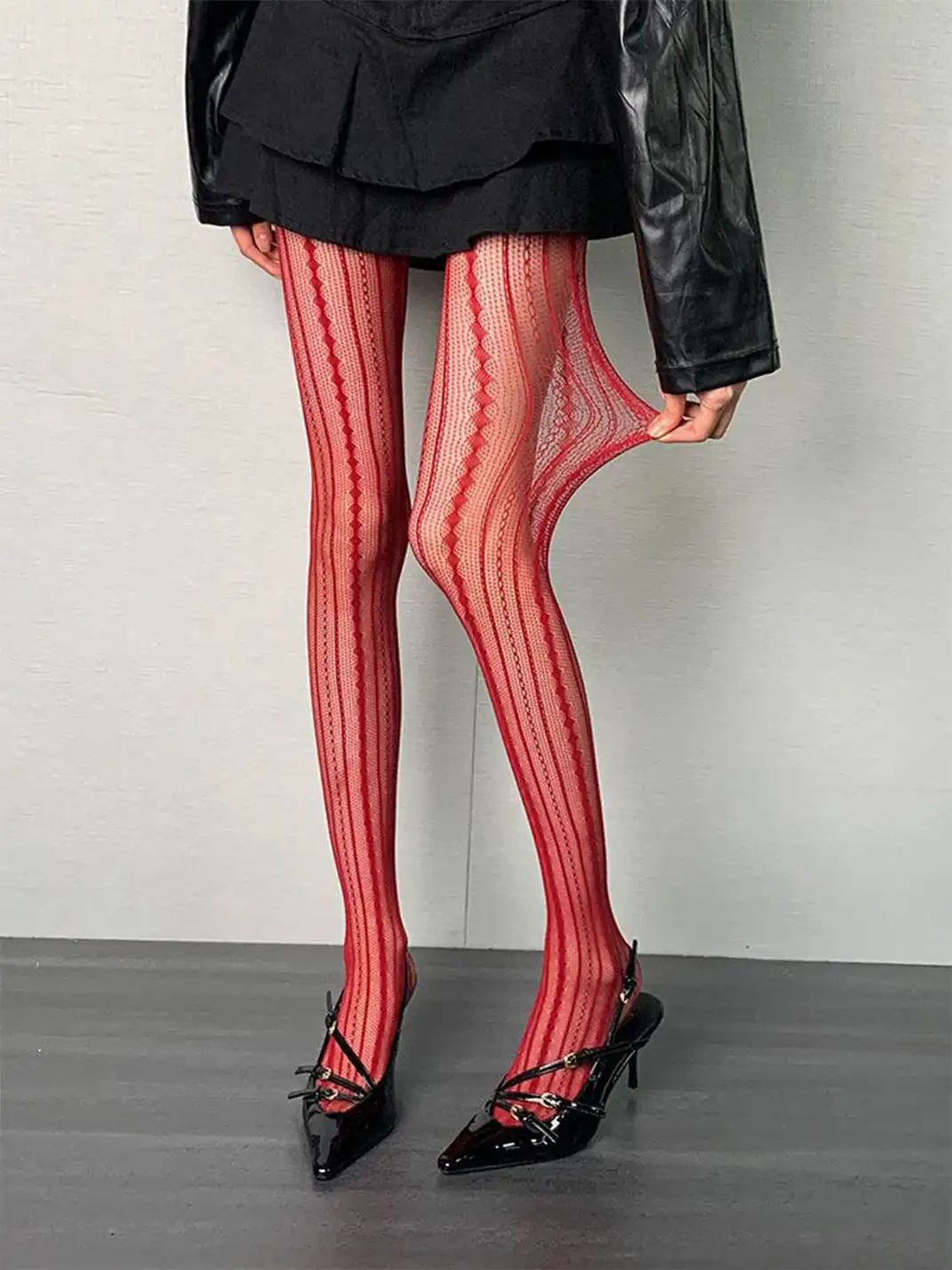 Bokior | Vintage Red Vertical Striped Mesh Pantyhose