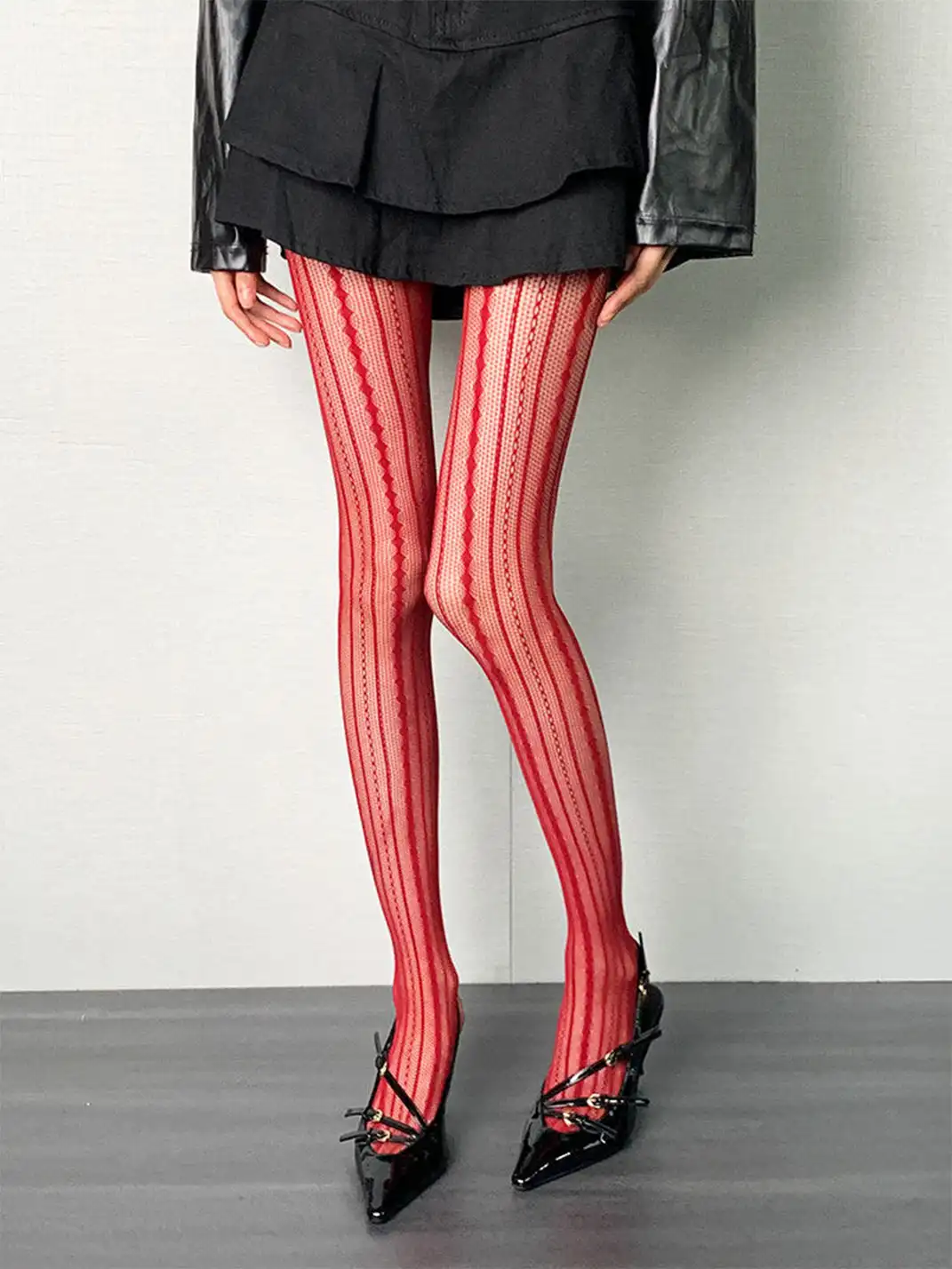 Bokior | Vintage Red Vertical Striped Mesh Pantyhose