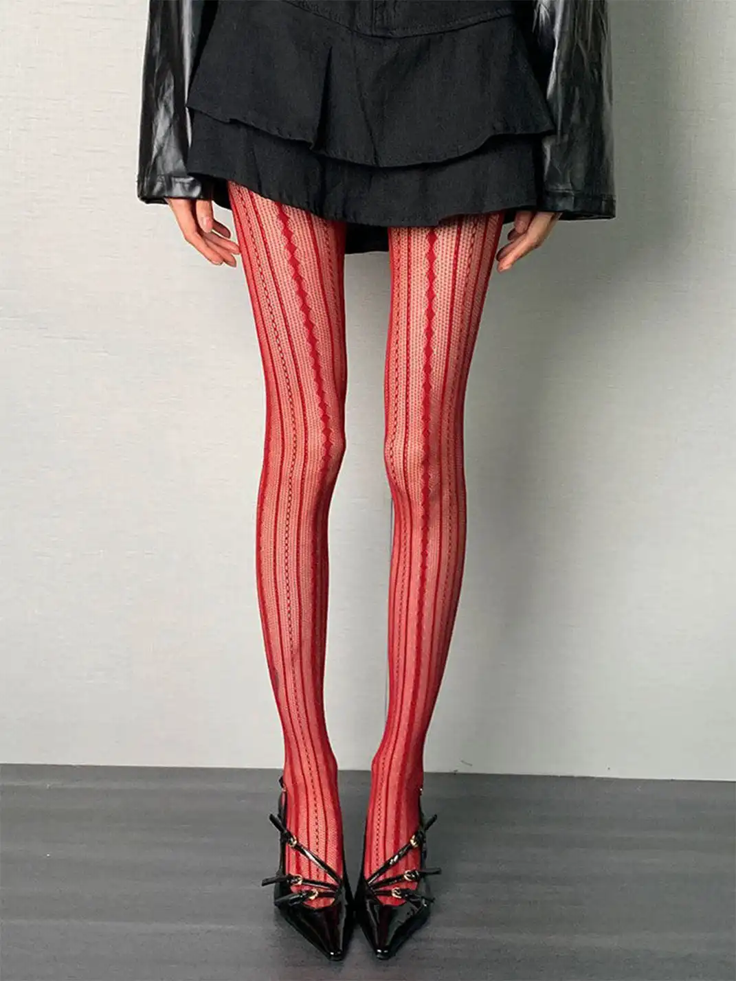 Bokior | Vintage Red Vertical Striped Mesh Pantyhose