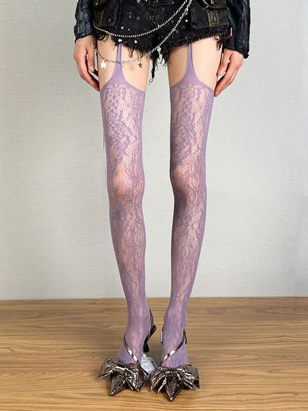 Bokior | Spaghetti Strap Jacquard Fishnet Pantyhose