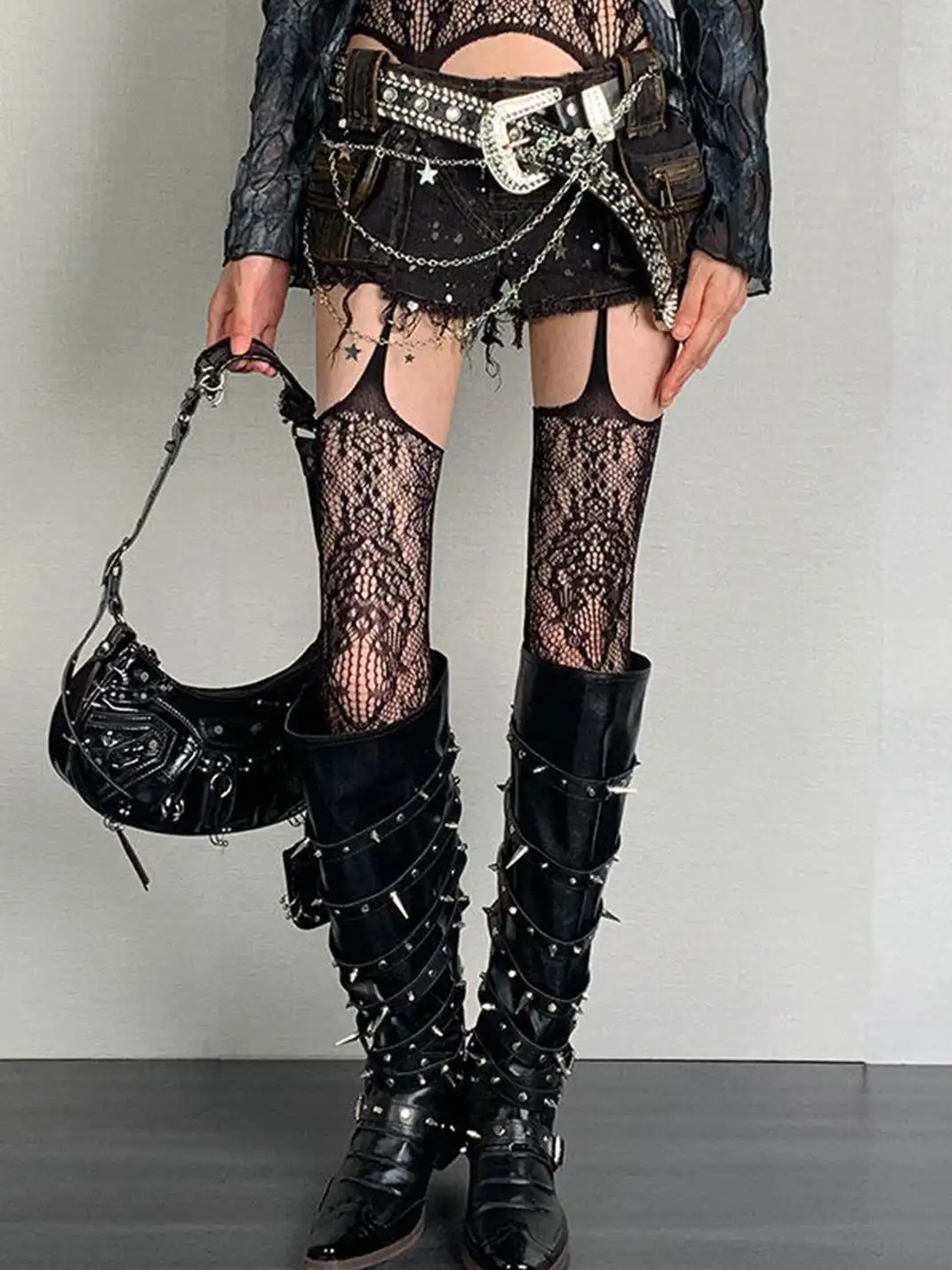 Bokior | Spaghetti Strap Jacquard Fishnet Pantyhose