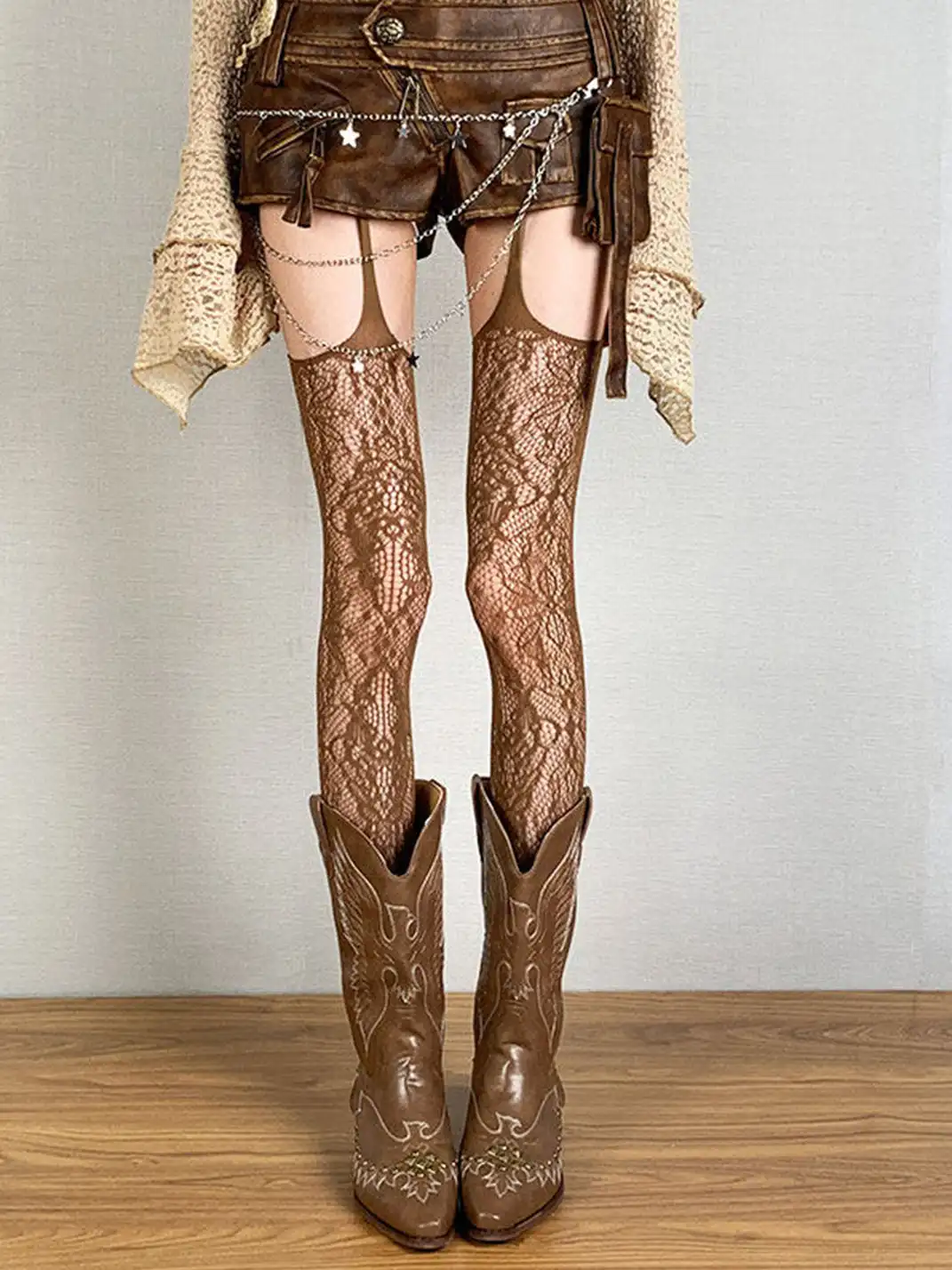 Bokior | Spaghetti Strap Jacquard Fishnet Pantyhose