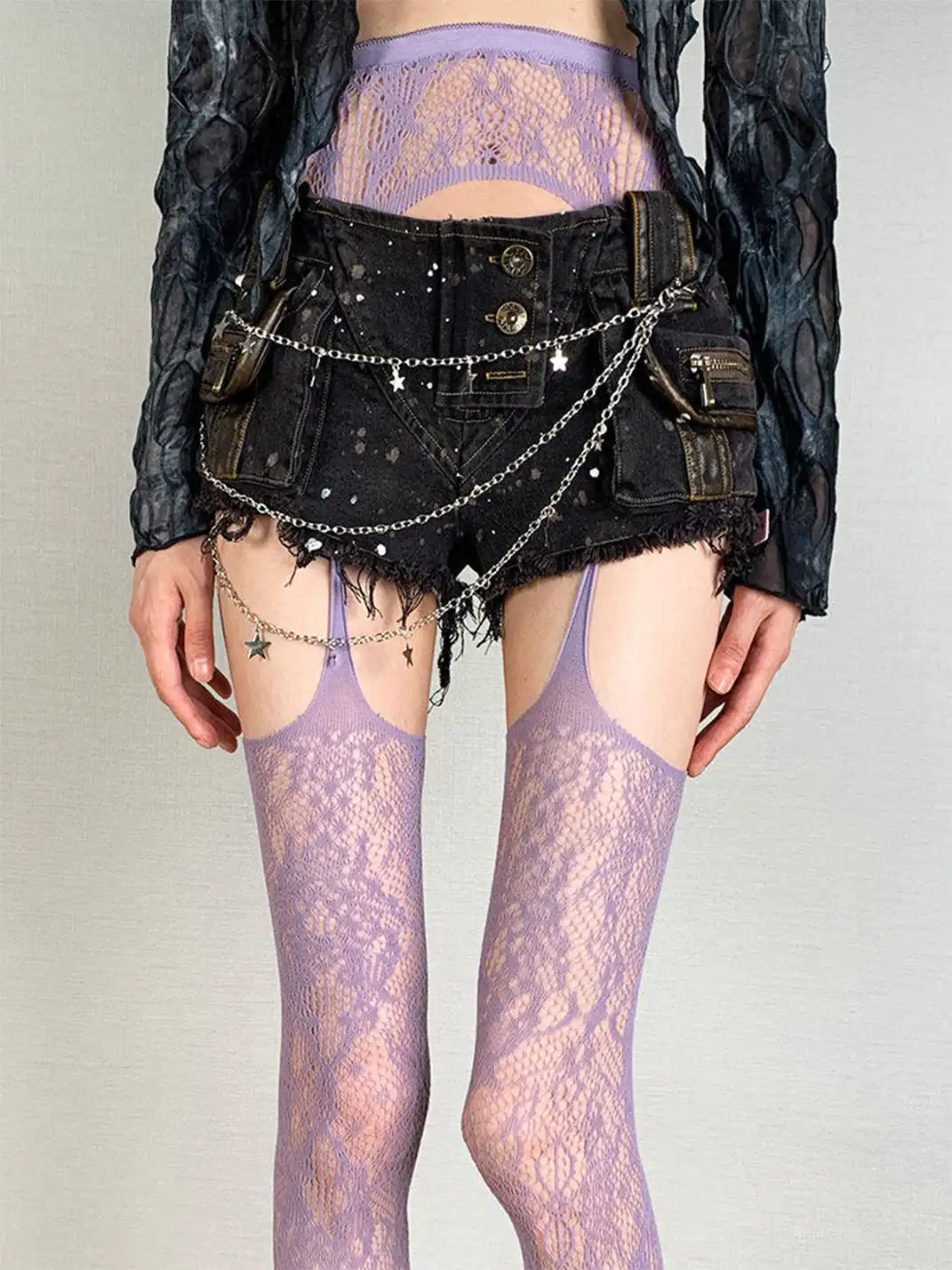Bokior | Spaghetti Strap Jacquard Fishnet Pantyhose