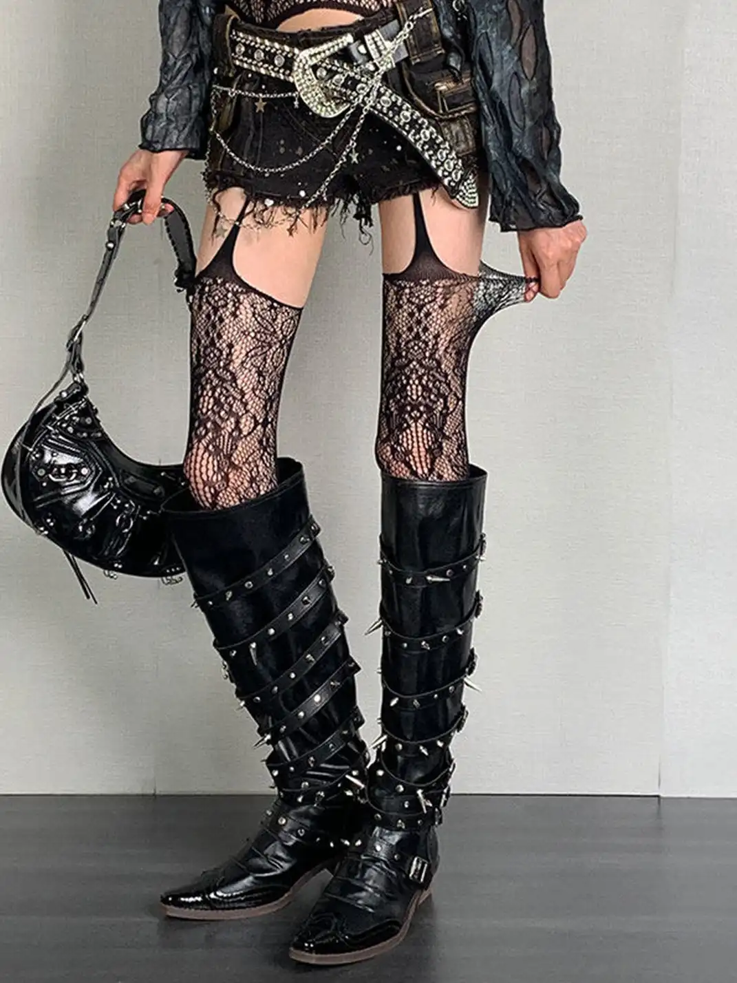 Bokior | Spaghetti Strap Jacquard Fishnet Pantyhose