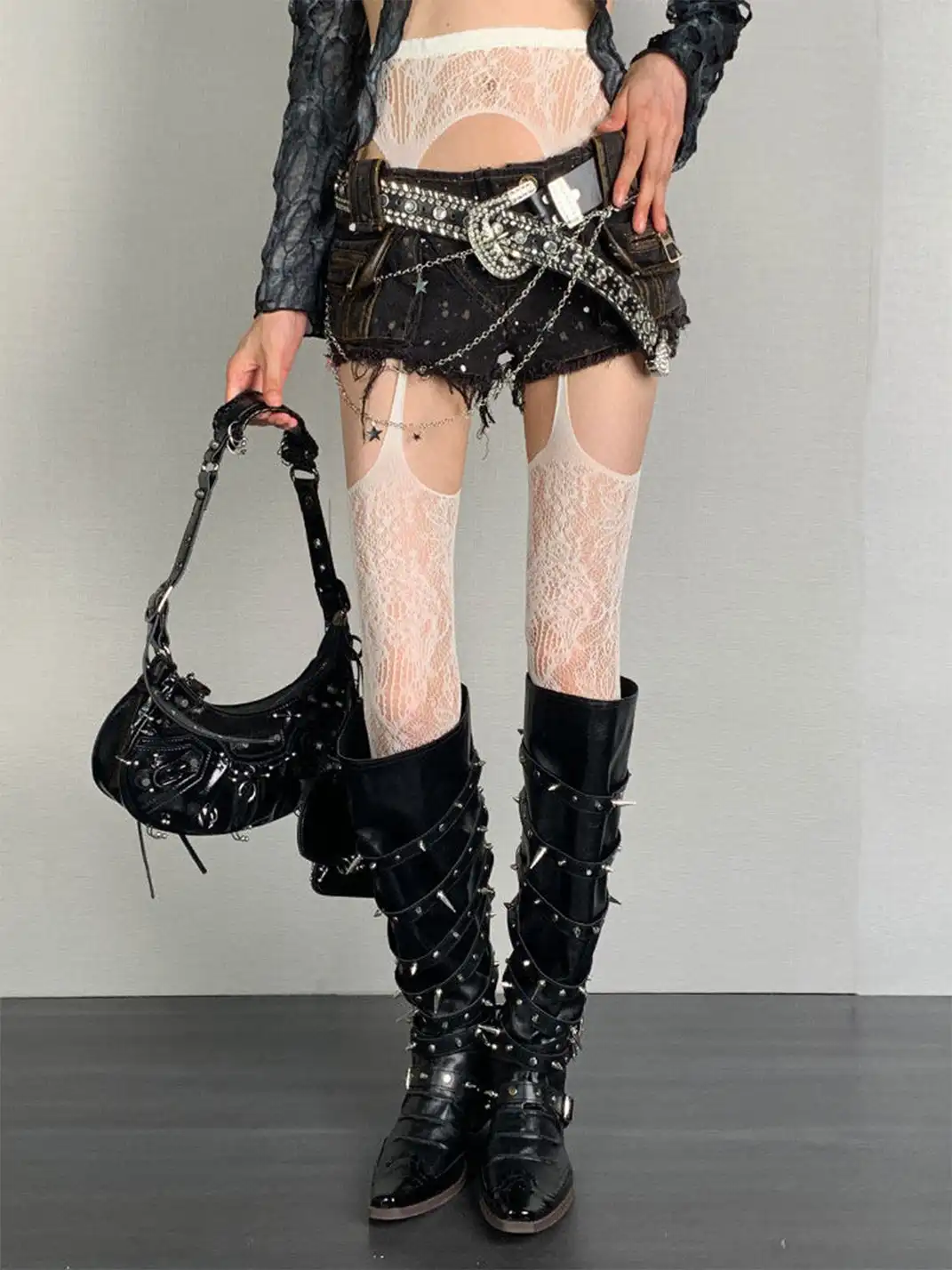 Bokior | Spaghetti Strap Jacquard Fishnet Pantyhose
