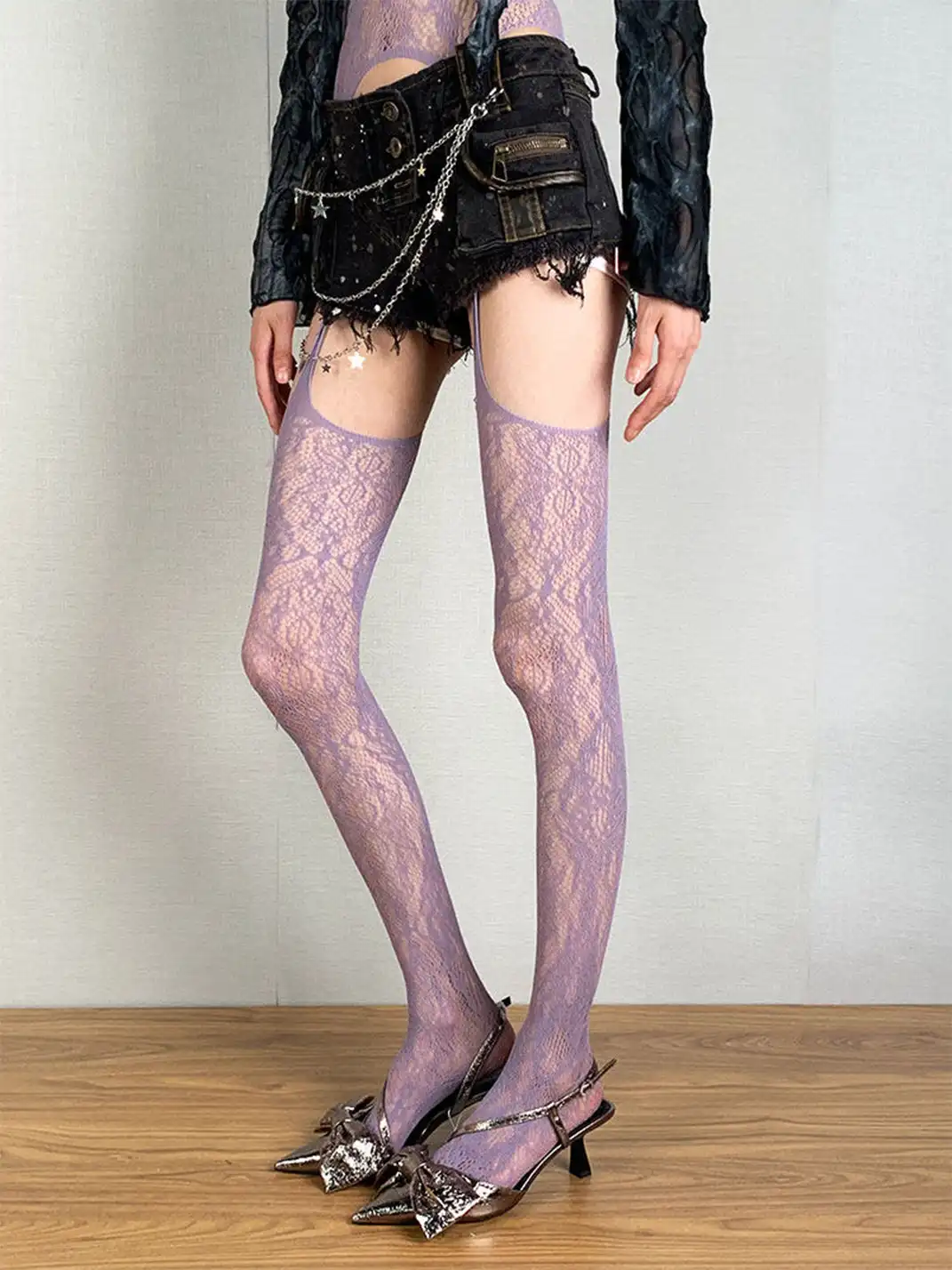 Bokior | Spaghetti Strap Jacquard Fishnet Pantyhose
