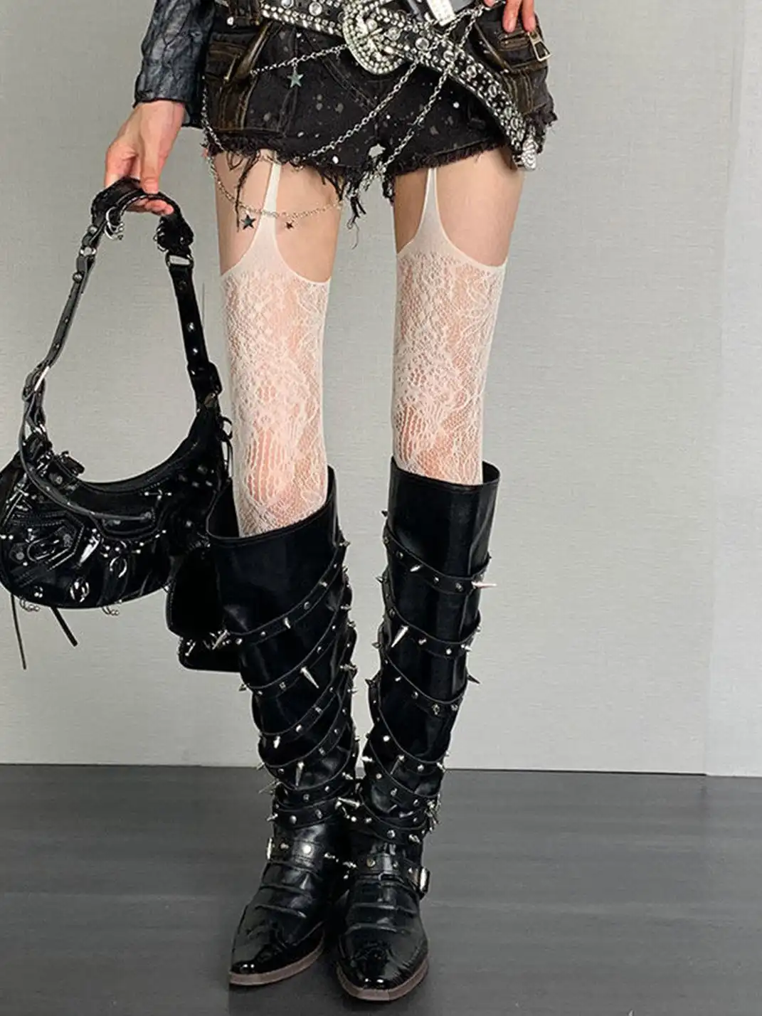Bokior | Spaghetti Strap Jacquard Fishnet Pantyhose