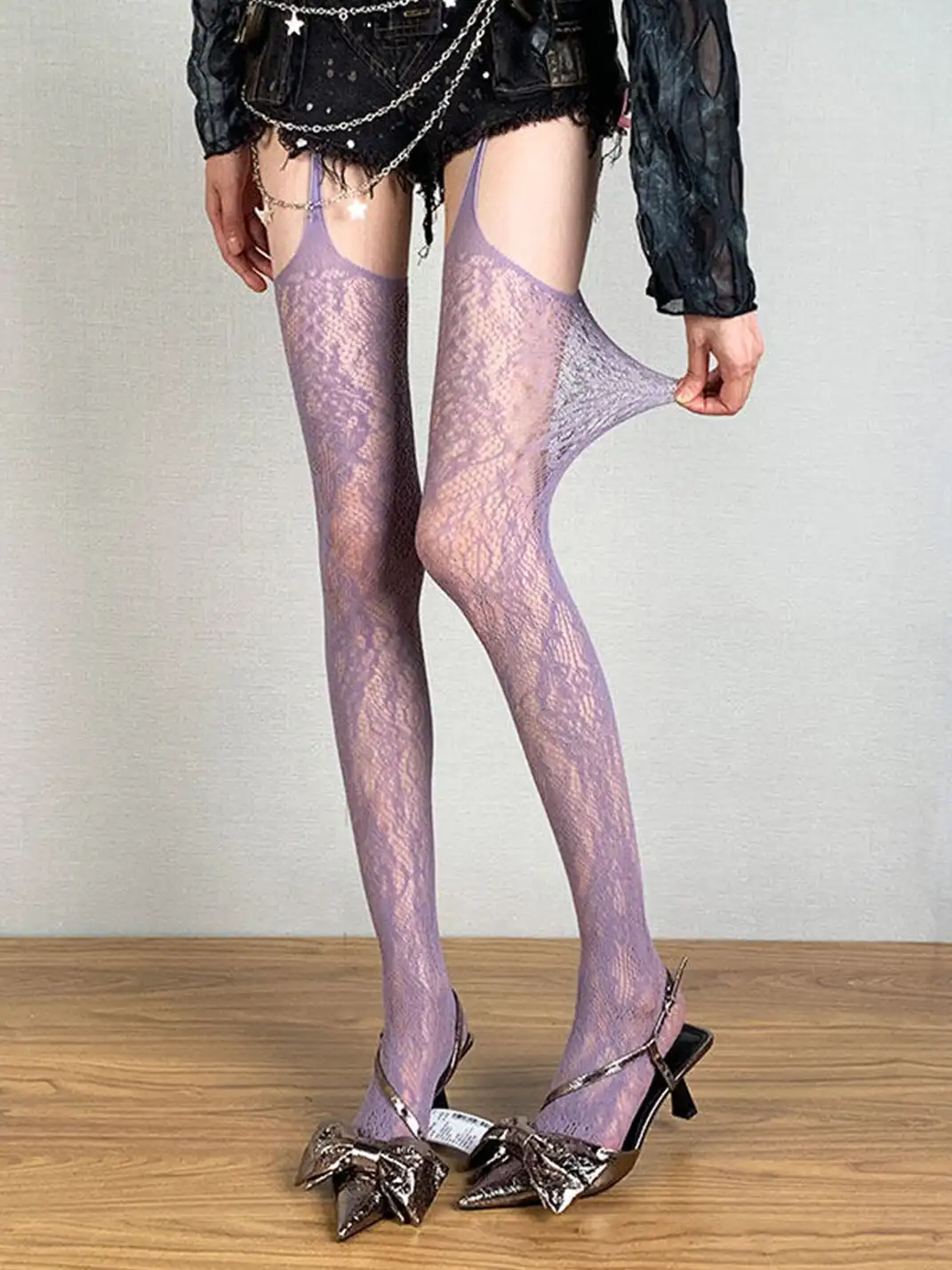 Bokior | Spaghetti Strap Jacquard Fishnet Pantyhose