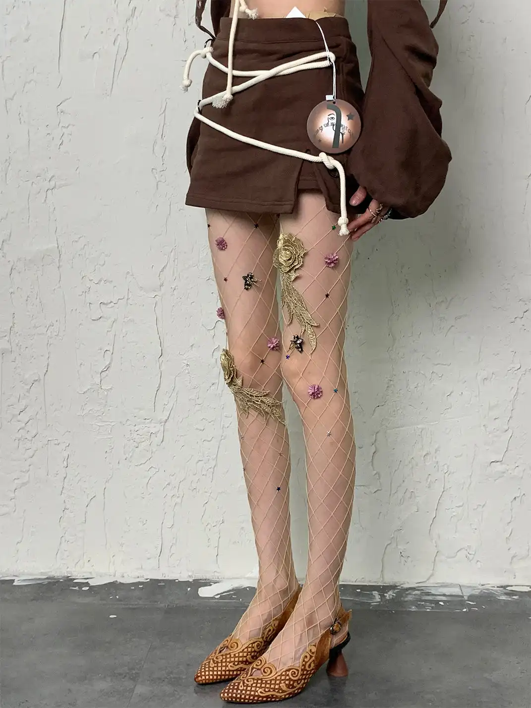 Bokior | Diamond Net Tights with 3D Floral Appliques