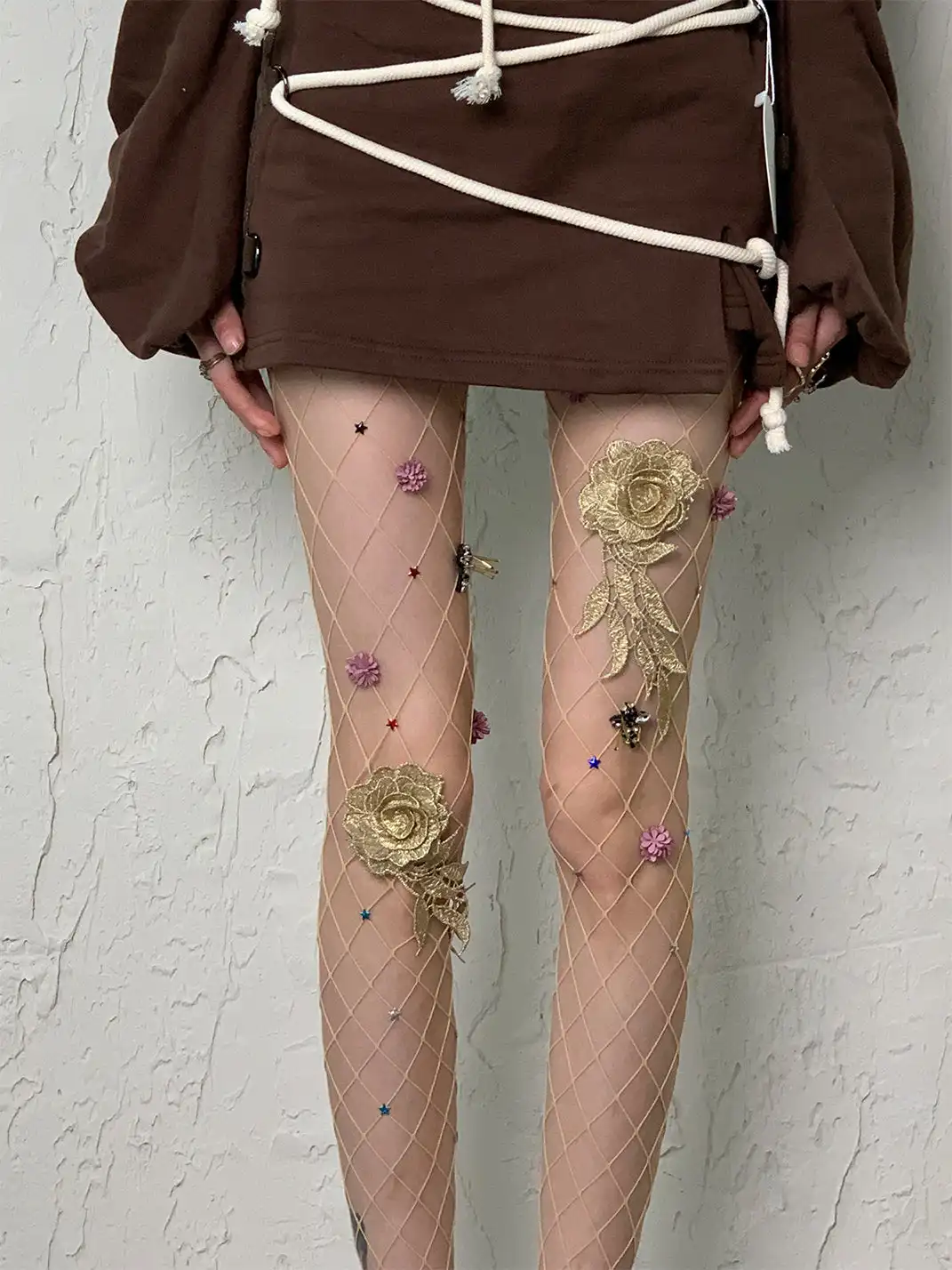 Bokior | Diamond Net Tights with 3D Floral Appliques
