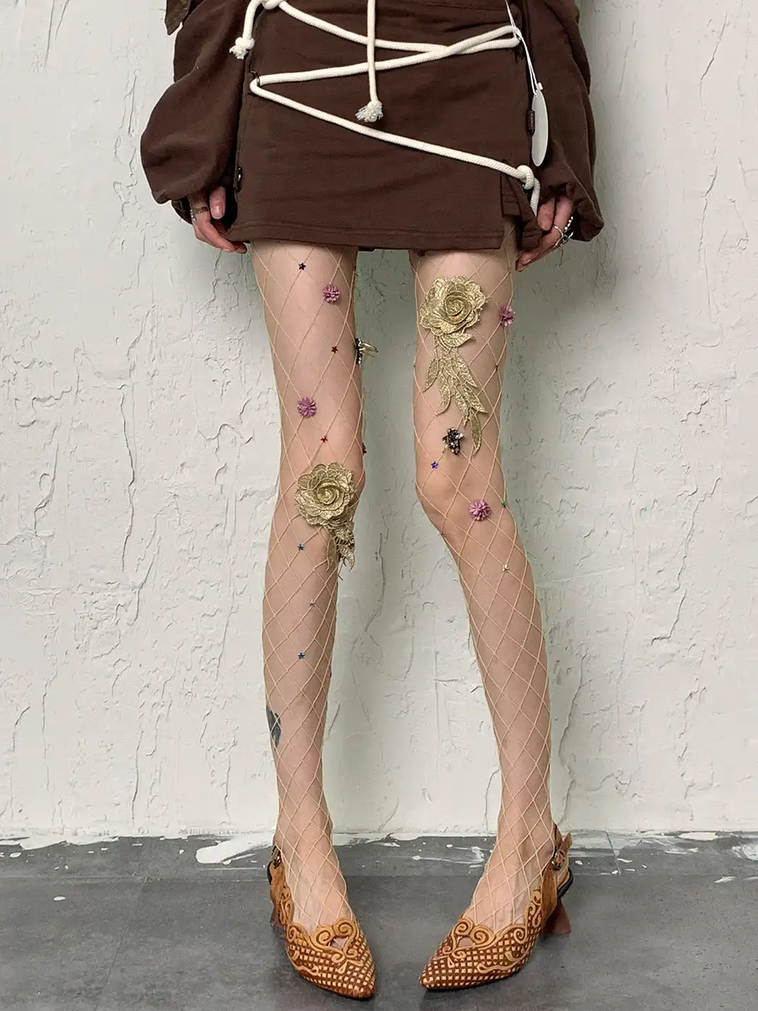 Bokior | Diamond Net Tights with 3D Floral Appliques