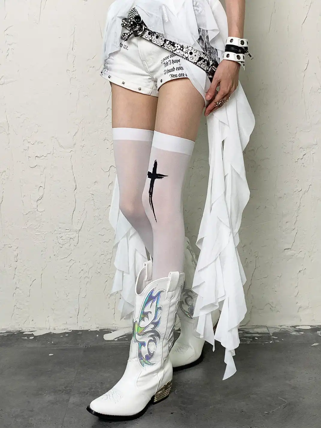 Bokior | Black Cross Print Sheer High Socks