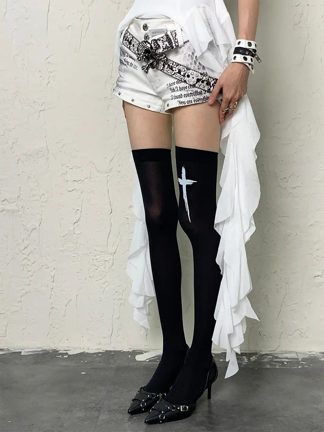 Bokior | Black Cross Print Sheer High Socks