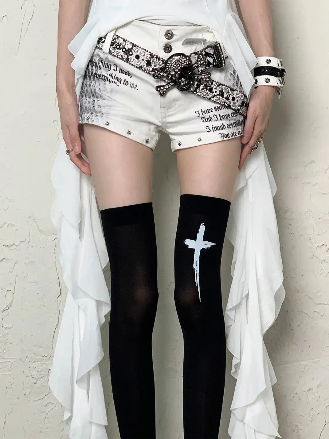 Bokior | Black Cross Print Sheer High Socks