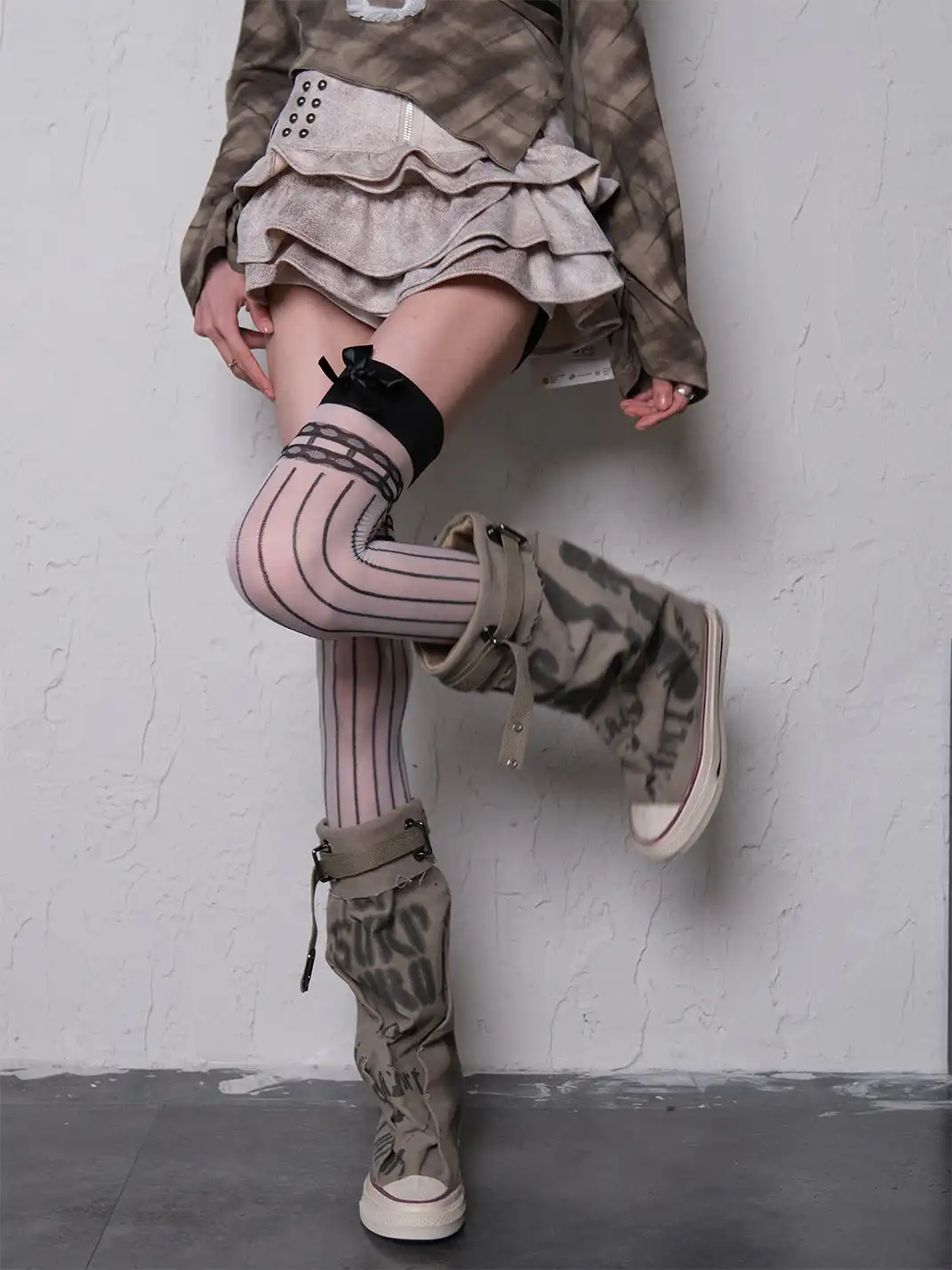 Bokior | Sheer Vertical Stripe Thigh High Socks with Black Bow