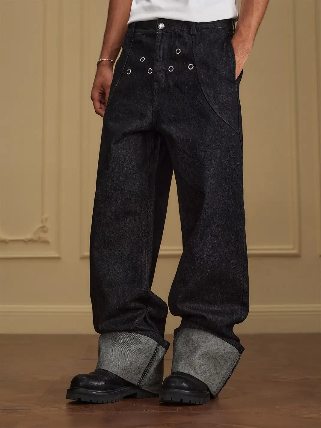 YADcrew | Folded Hem Triangle Eyelet Jeans