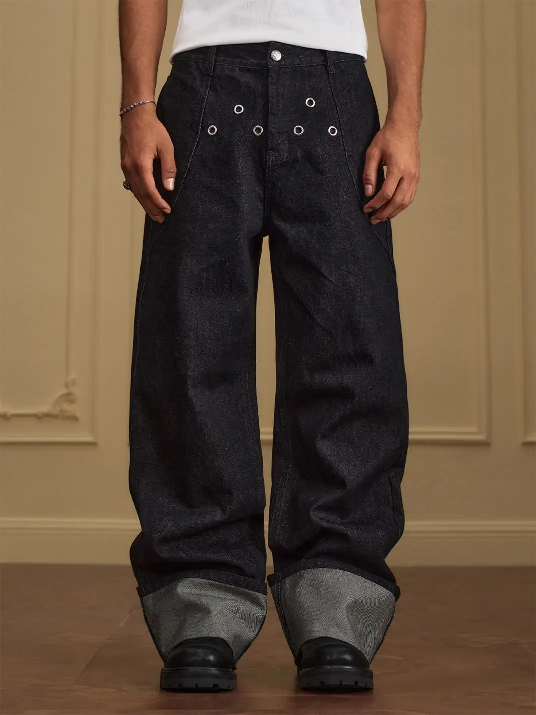 YADcrew | Folded Hem Triangle Eyelet Jeans