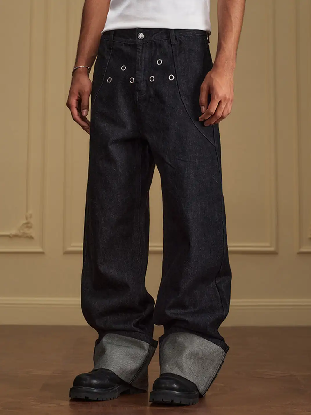 YADcrew | Folded Hem Triangle Eyelet Jeans