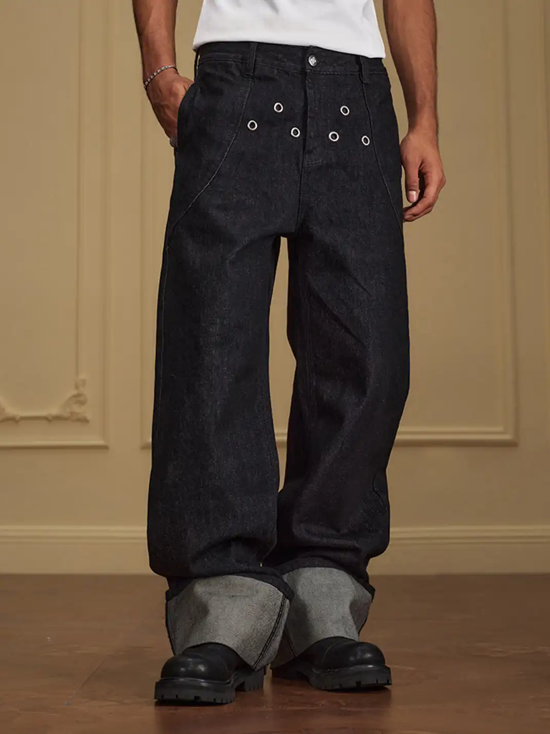 YADcrew | Folded Hem Triangle Eyelet Jeans