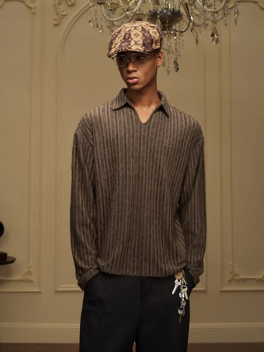 YADcrew | Flocked Collar Long-Sleeve T-Shirt