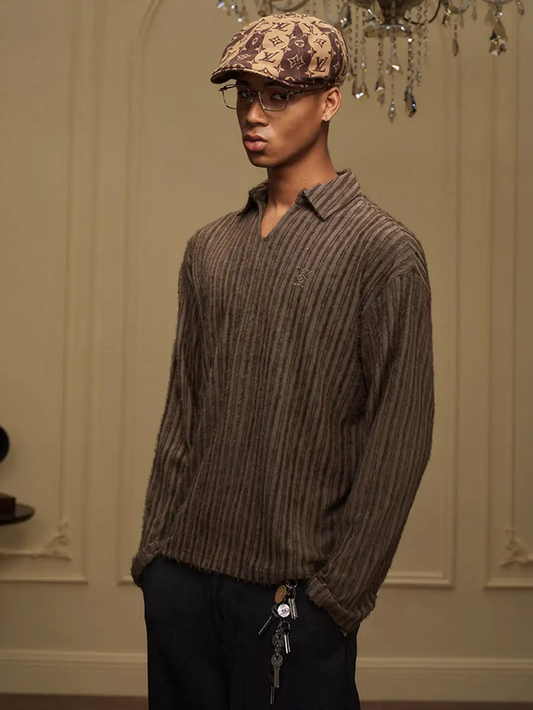 YADcrew | Flocked Collar Long-Sleeve T-Shirt