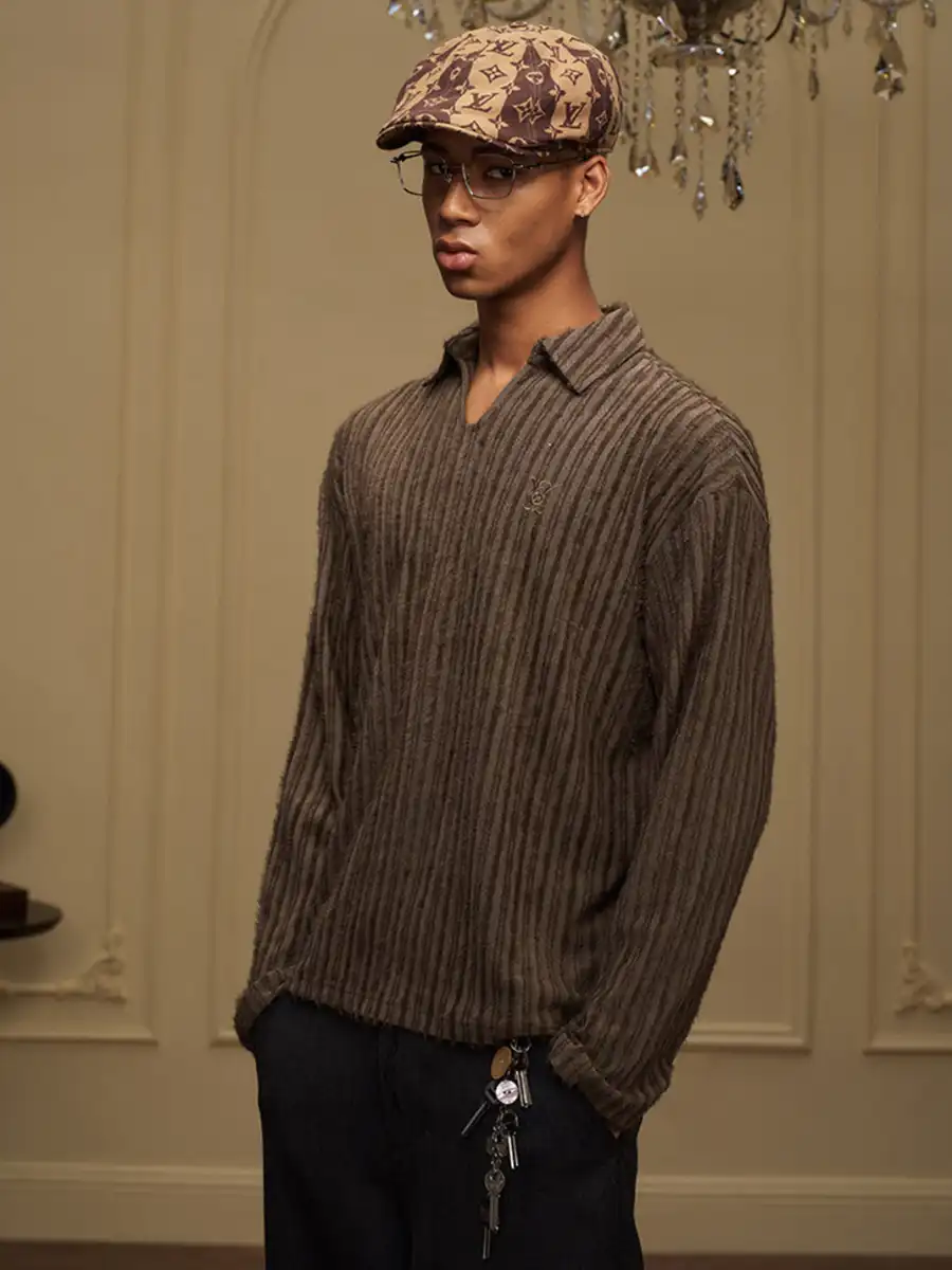 YADcrew | Flocked Collar Long-Sleeve T-Shirt - 4