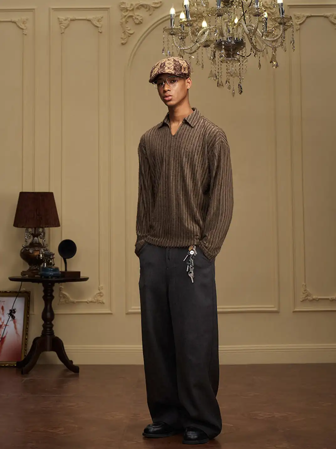 YADcrew | Flocked Collar Long-Sleeve T-Shirt