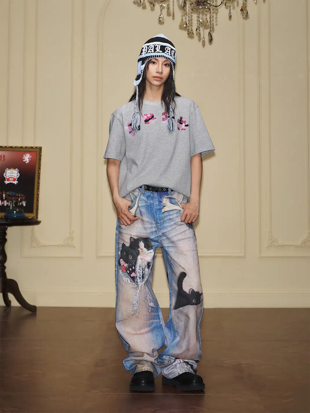 YADcrew | Black Cat Doll Bow Fun Printed Jeans