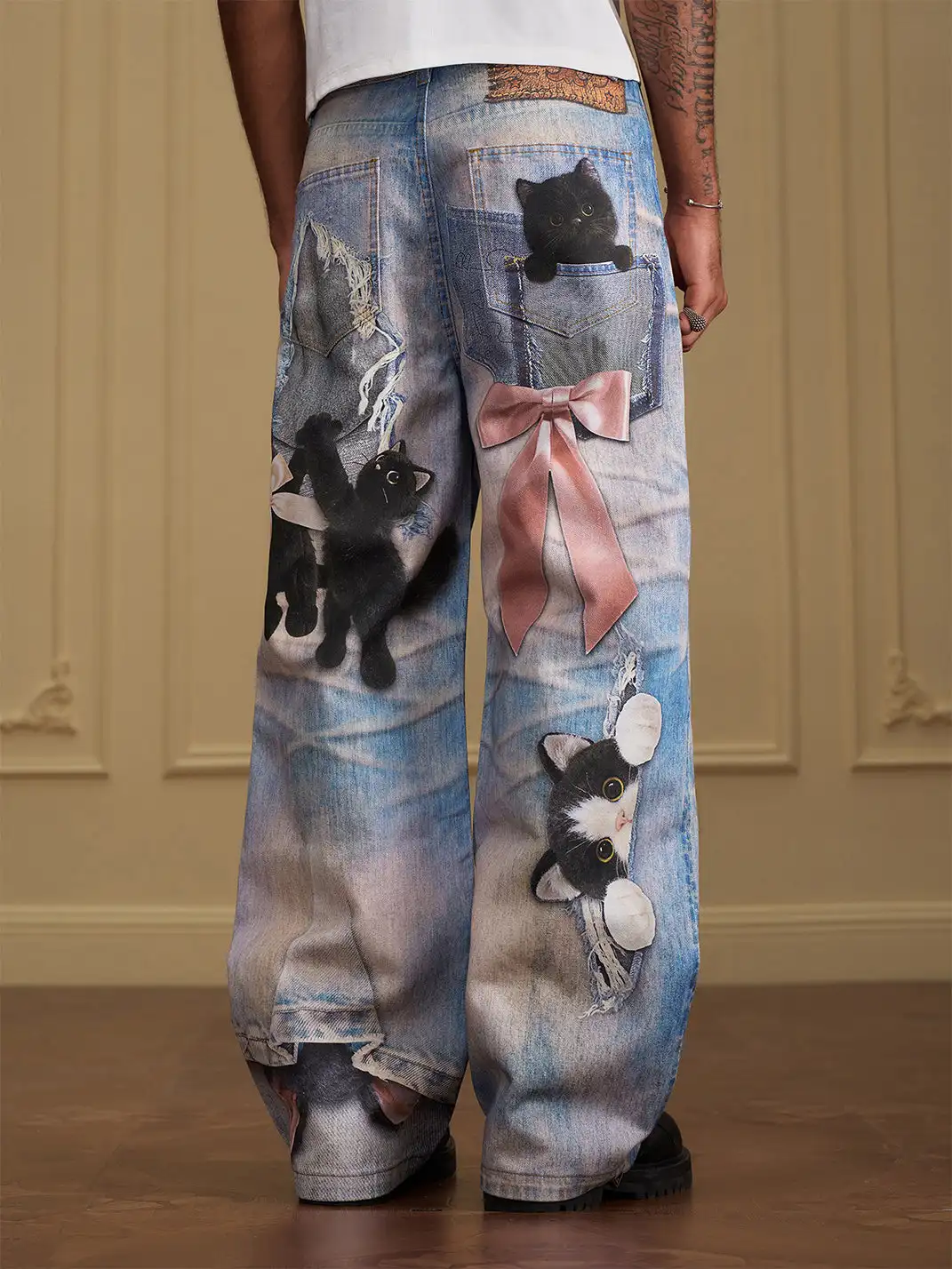 YADcrew | Black Cat Doll Bow Fun Printed Jeans