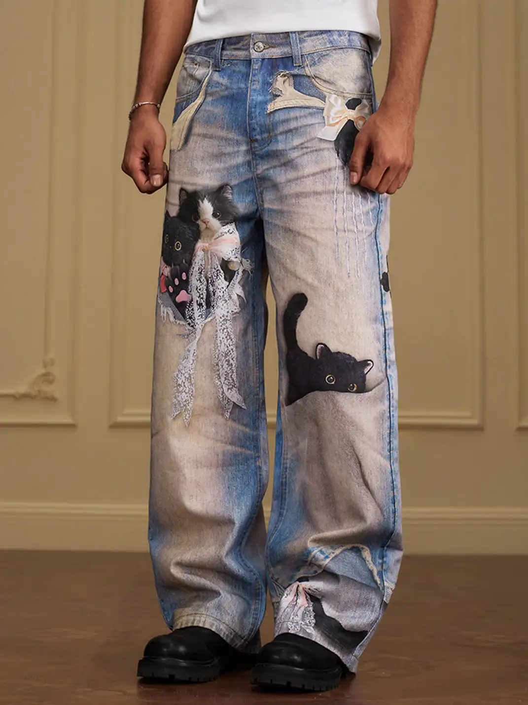 YADcrew | Black Cat Doll Bow Fun Printed Jeans