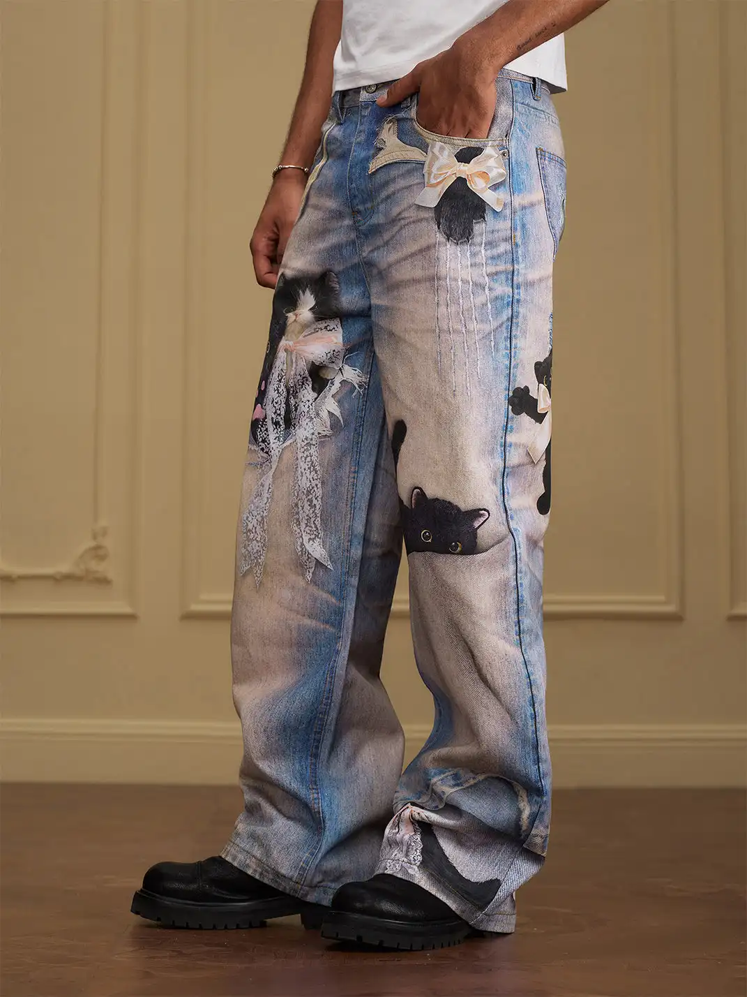 YADcrew | Black Cat Doll Bow Fun Printed Jeans