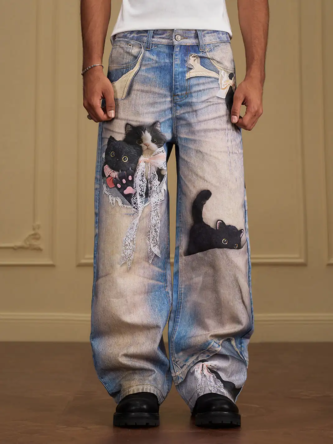 YADcrew | Black Cat Doll Bow Fun Printed Jeans
