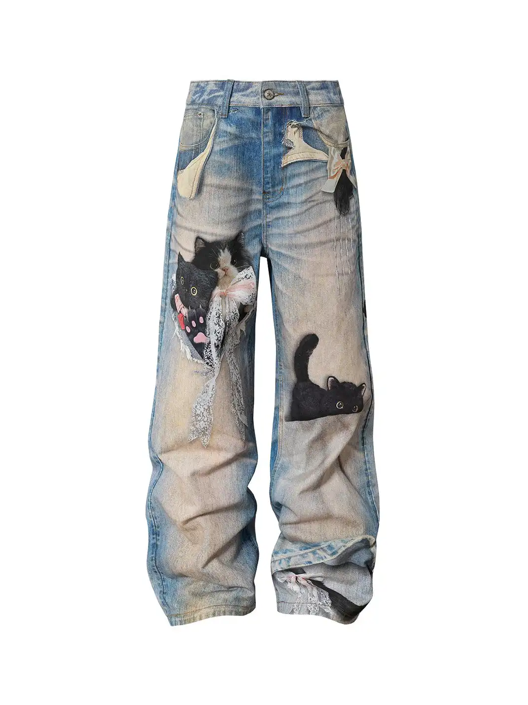 YADcrew | Black Cat Doll Bow Fun Printed Jeans