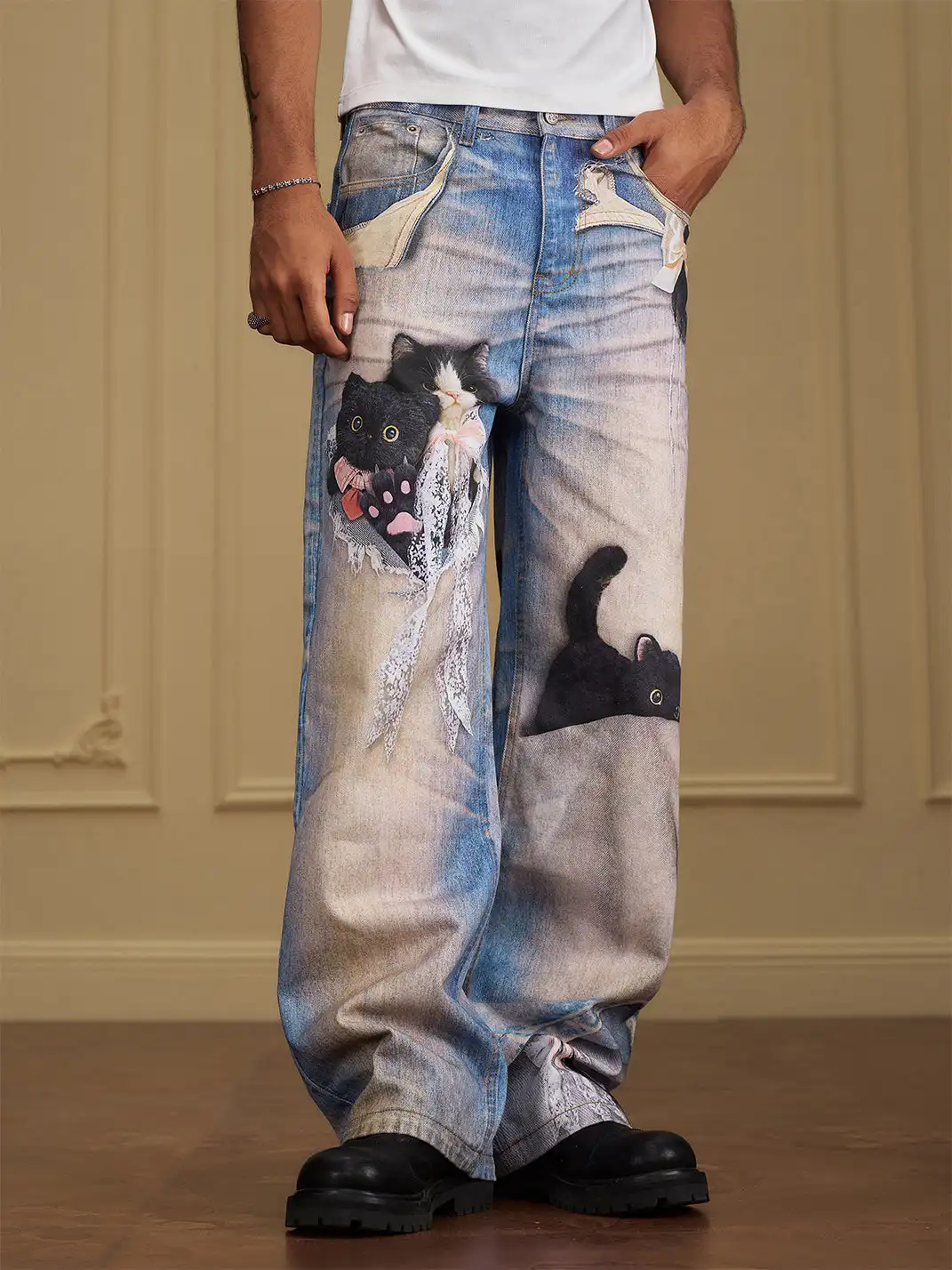 YADcrew | Black Cat Doll Bow Fun Printed Jeans