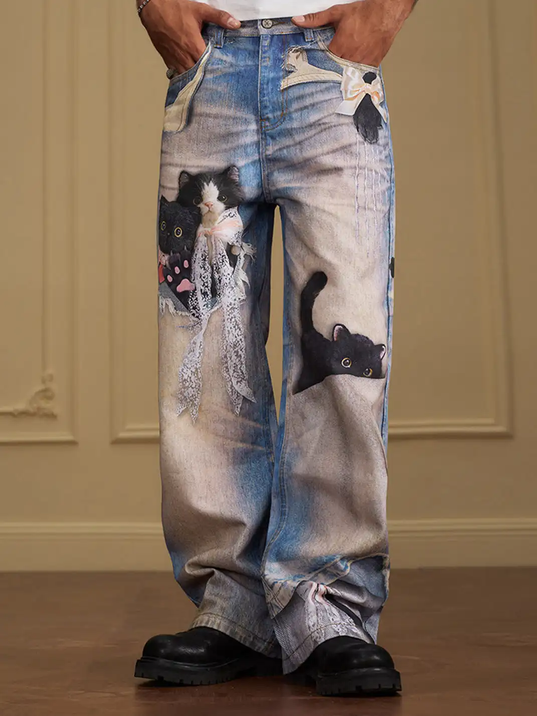 YADcrew | Black Cat Doll Bow Fun Printed Jeans